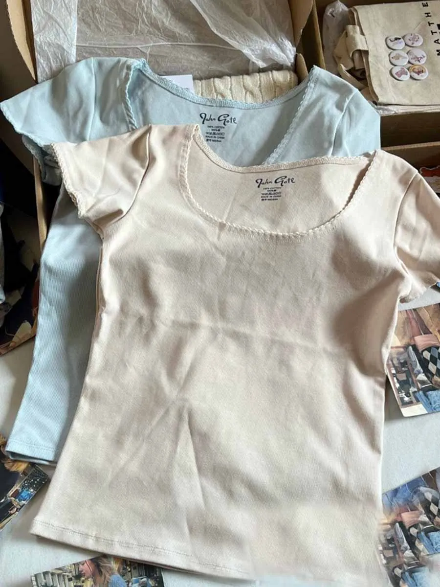 

Sweet Crew Neck Solid Short Sleeve Tees Women Summer New Cotton Soft Casual Streetwear Chic Tops Vintage Cute Harajuku T-shirts