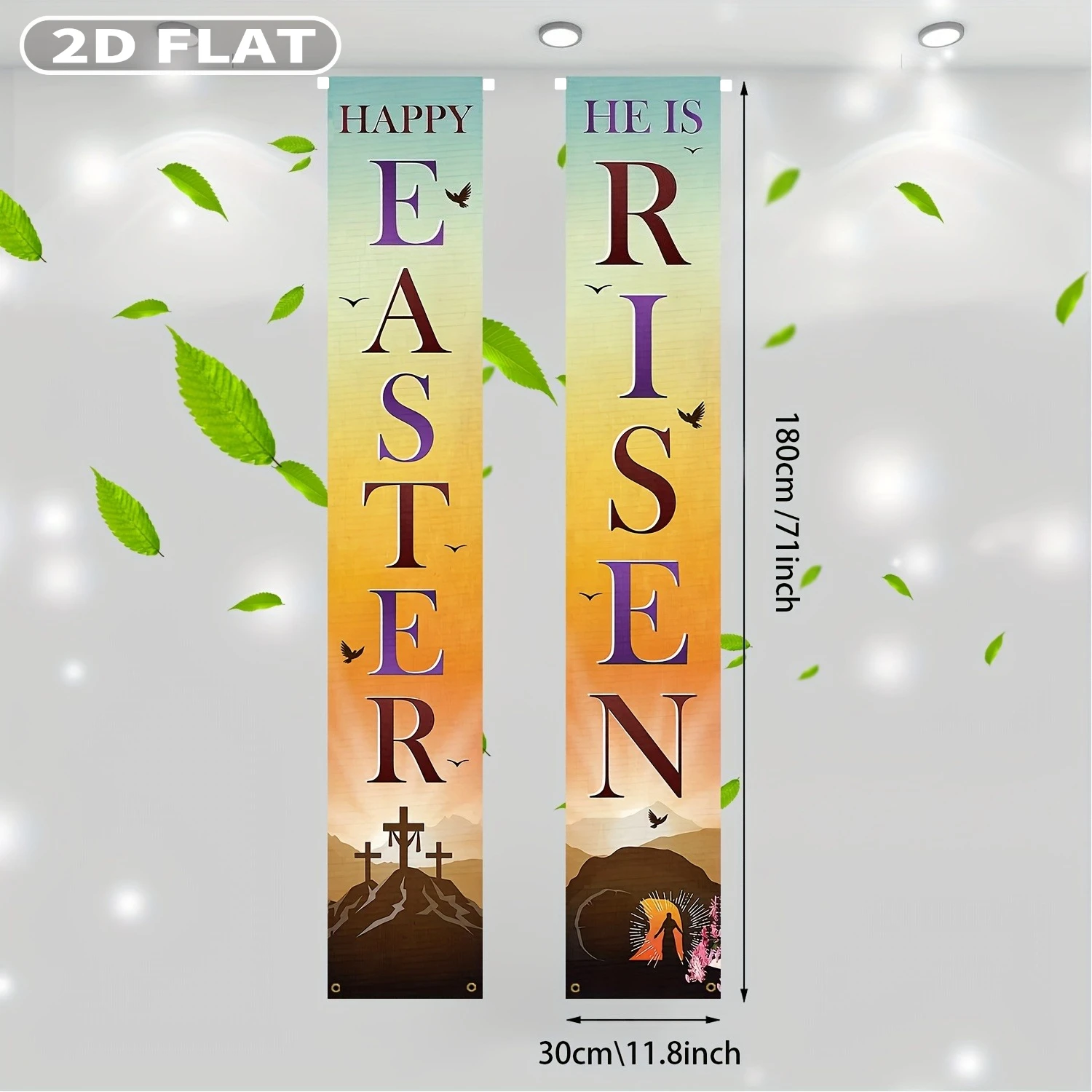 2D FLAT 1pair He Is Risen Porch Sign Party Packs - 11.81x70.87inch/30x180cm Happy Easter Supplies, Polyester Fabric