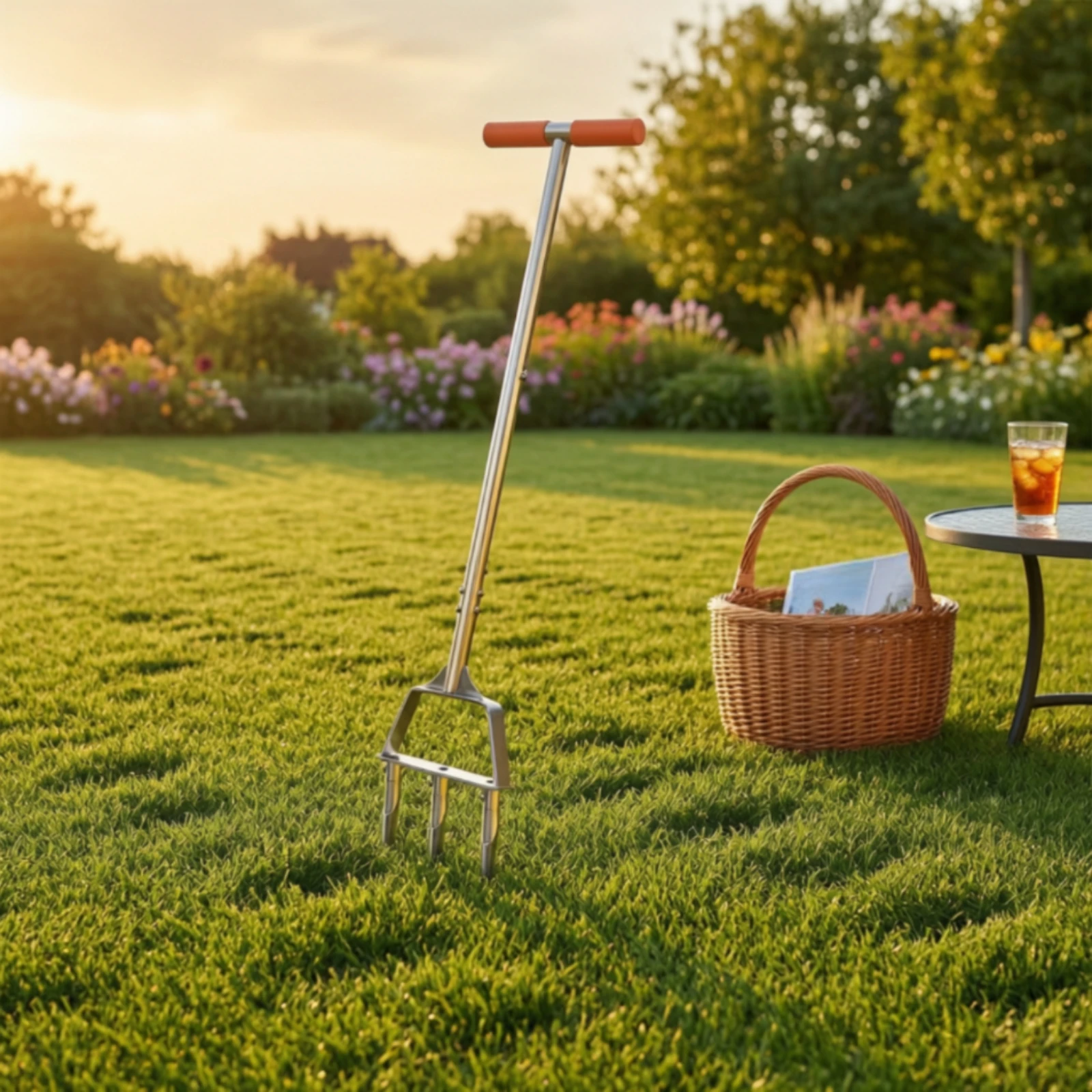 Lawn Aerator with 3 Hollow Tines Sturdy Manual Lawn Aerator Soil Core Sampler with T-Handle Cushioned Grips Tool Comfortable
