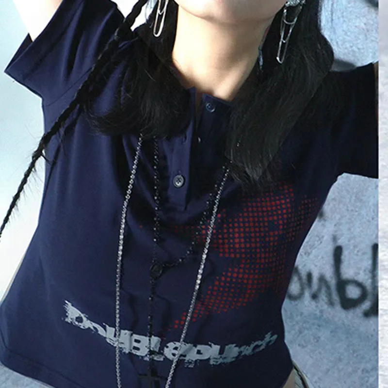 女性用ボタンダウンスタープリントTシャツ,半袖タンクトップ,ショートトップ,カジュアルウェア,夏のストリートウェア,ファッション