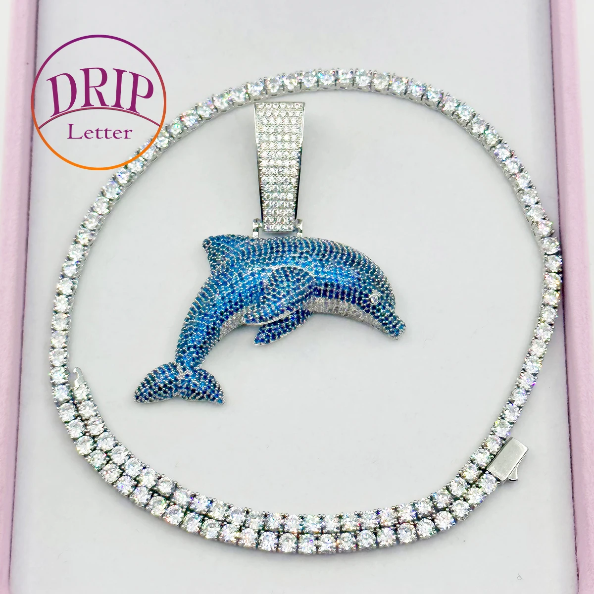 Drip Letter Iced Out Dolphin Animal Necklace for Women Silver Color Pendant Hip Hop Jewelry 2023 Drop Shipping Products