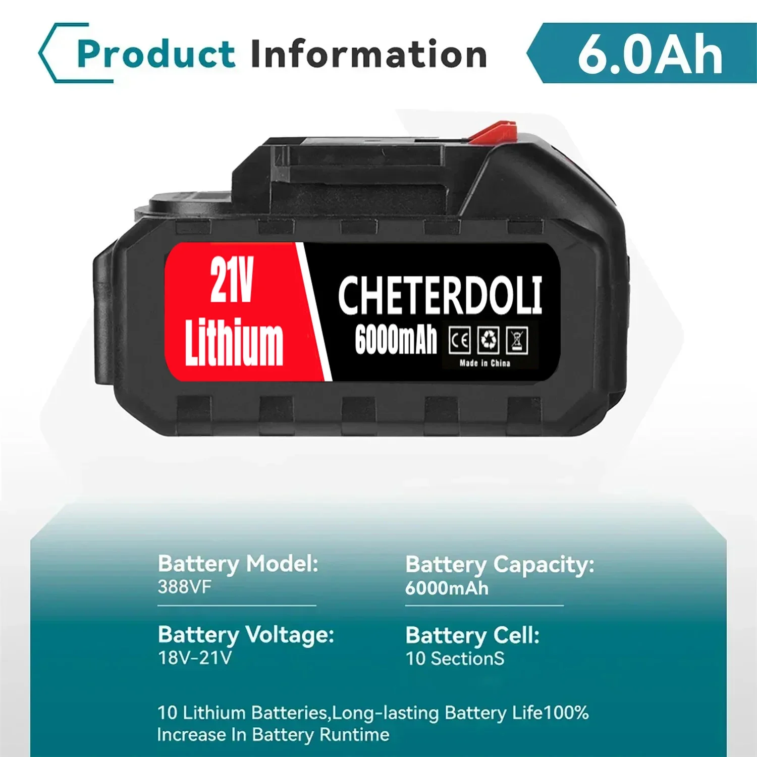 

21V Rechargeable Lithium Battery Electric Power Tool Replacement Battery with Indicator for Makita 21V Tool Replacement Battery