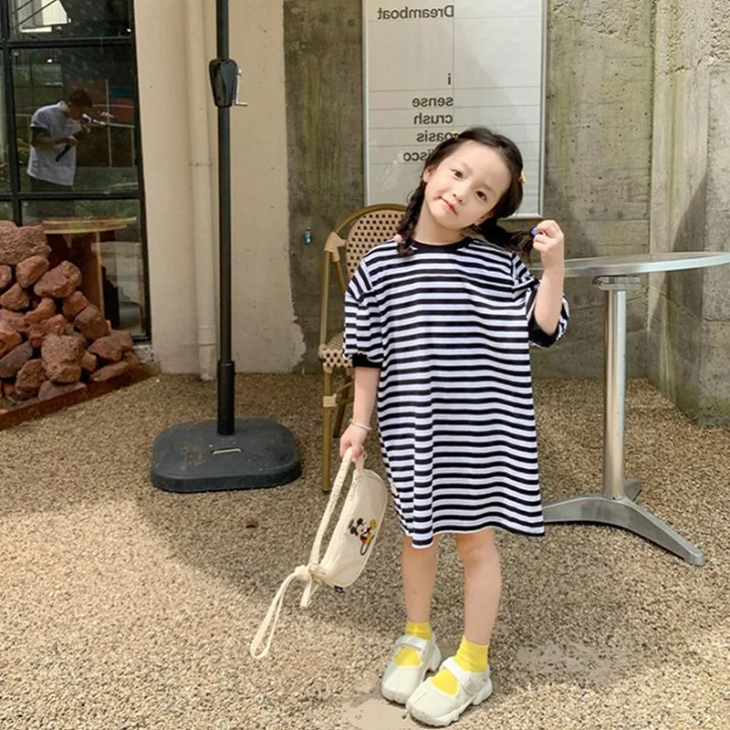 Girls T-shirt Stripe Middle Sleeve Long Tops Guard Dress Spring Summer New Childrens Clothing 2024 Round Collar Striped