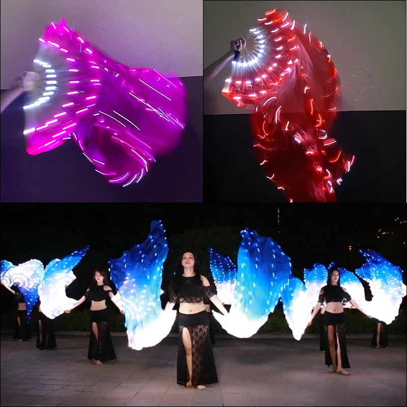 LED Belly Dance Silk Fan Long Silk Belly Dance Costume Fans for Belly Dancing Stage Performance Props Glow Party Supplies