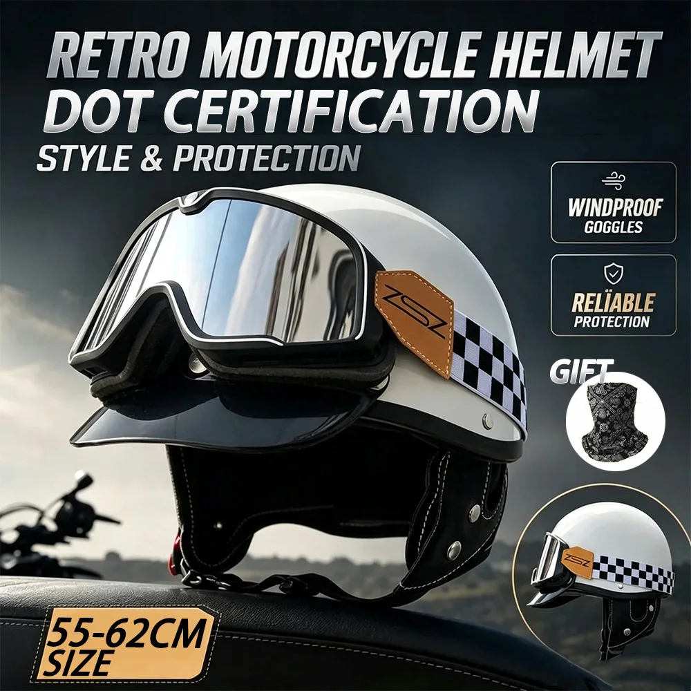 Retro Motorcycle Half Helmet with Goggles Vintage Open Face Motorbike Helmet ABS Shell For Scooter Cafe Racer