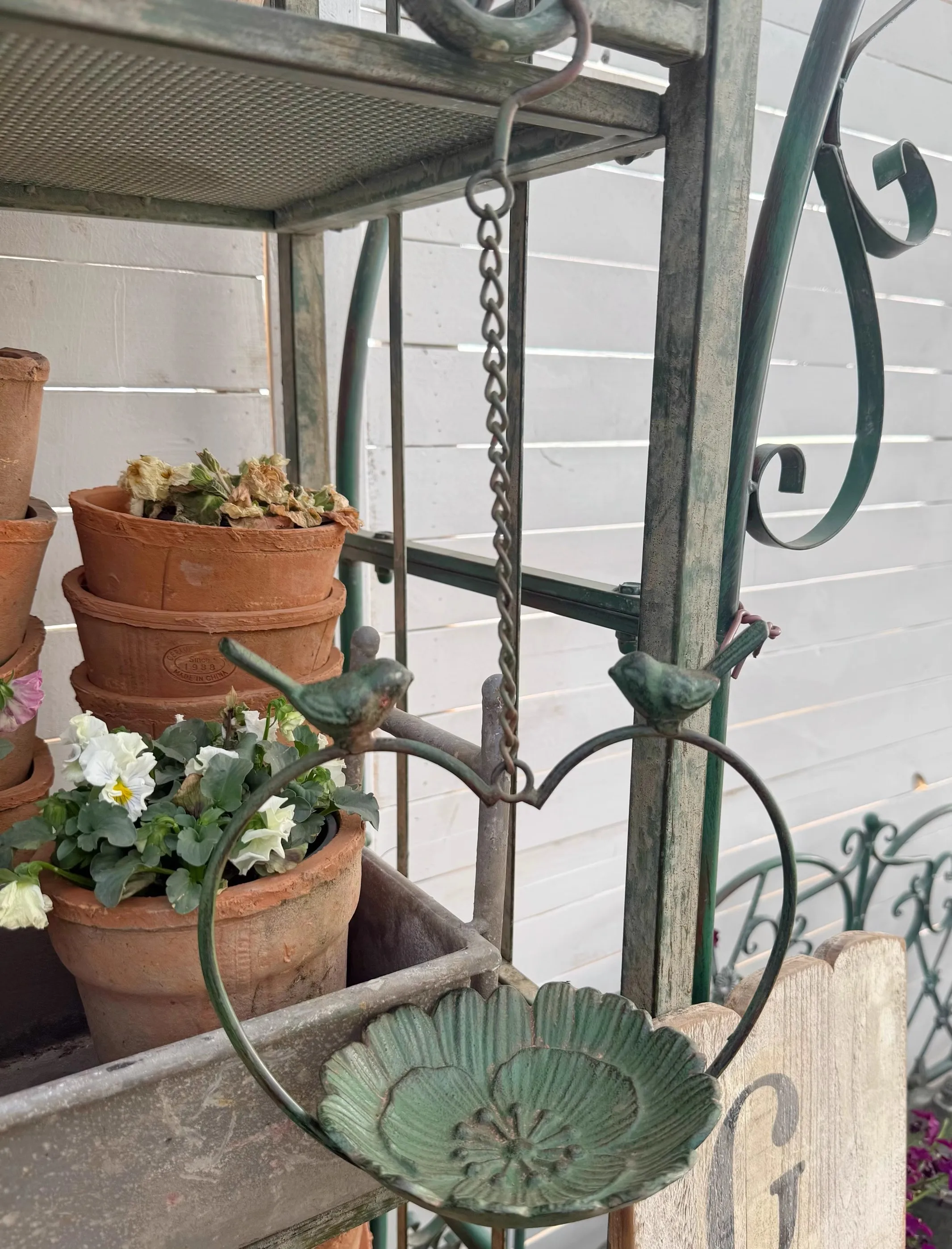 

Vintage Garden Bird Feeder, Cast Iron Flower Bowl Design, Hanging Chain Mount, 16.5 inch Height, 8.4 inch Width, Verdigris Green