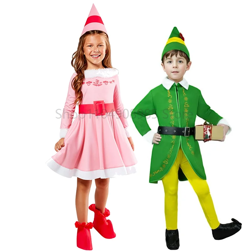 

New Arrival Children New Year Holiday Dress Up Green the Elf Boy Christmas Outfit Pink Elf Girls Costume