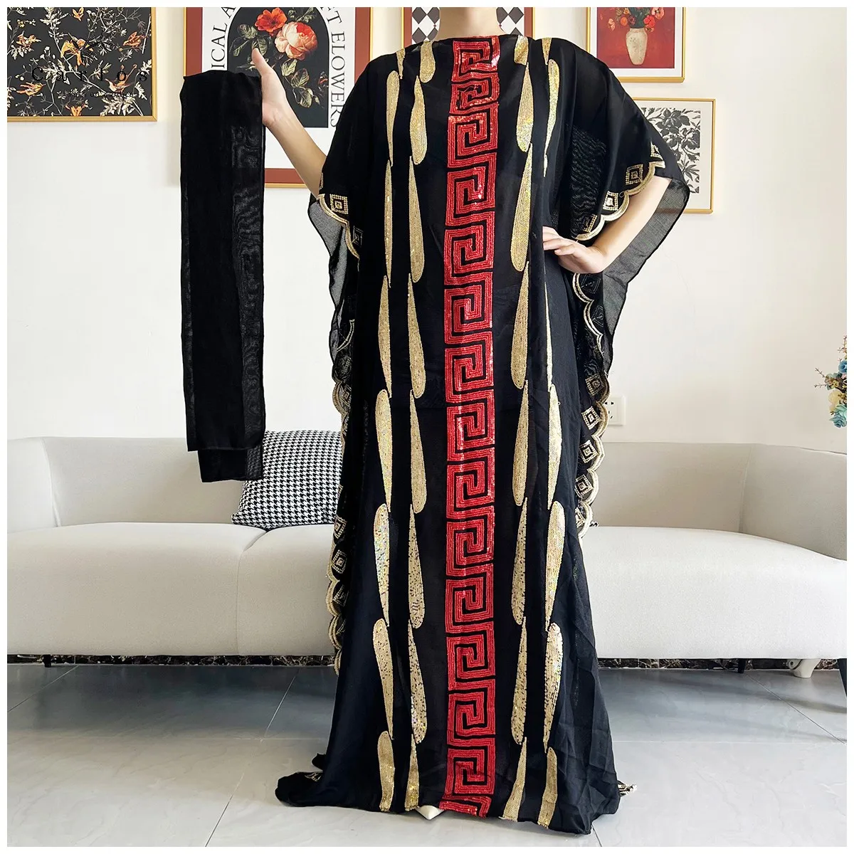 2024 New Women Muslim Sequin Embroidery Long Black Lady Clothes Fashion New Arrival African Embroidery Flower Dresse With Scarf