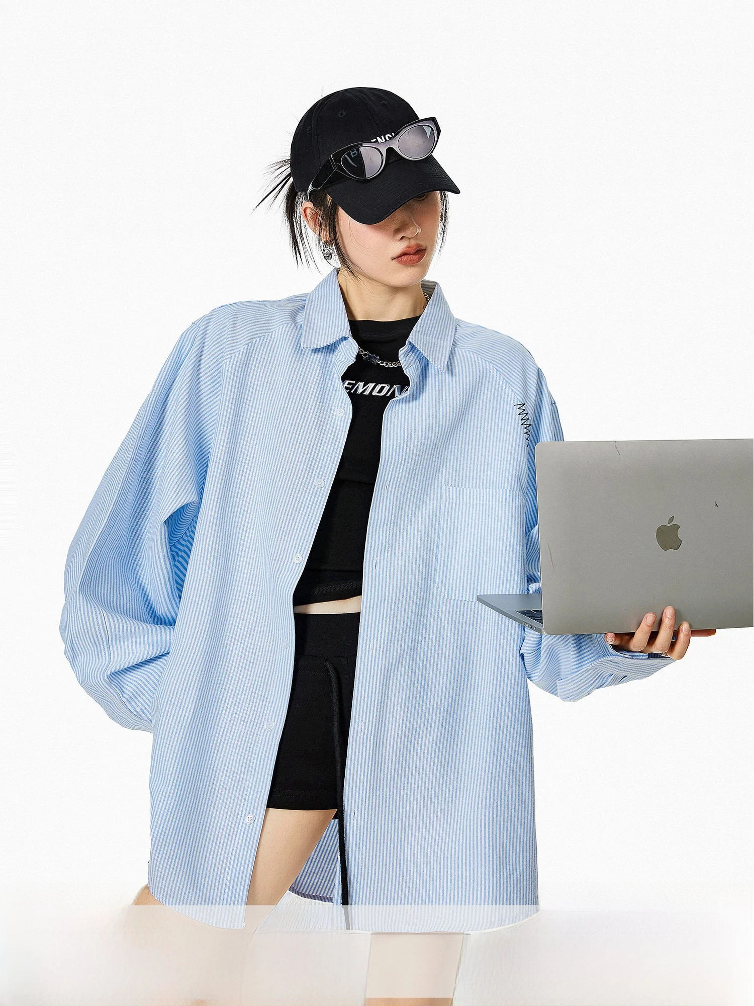 

Ich Mode American Retro Striped Blue Shirt Women Spring New Loose Shirt Jacket Top Cotton Polyester Blend Long Sleeve Button up