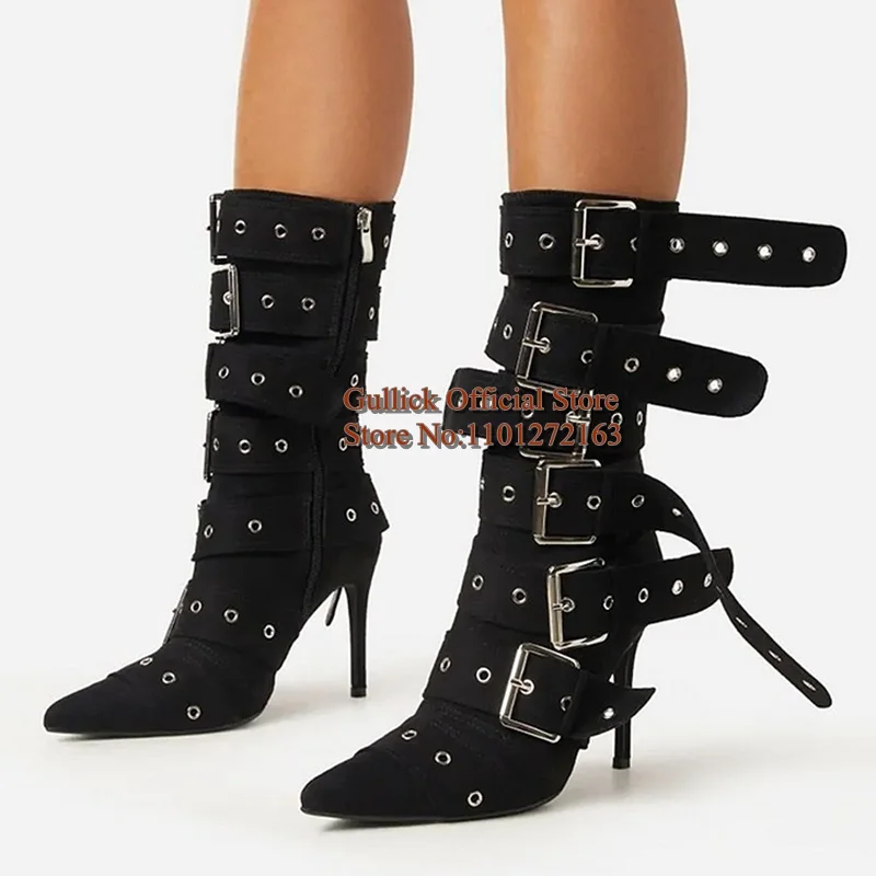 

Belt Buckle Straps Mid Calf Boots Beige Stretch Fabric Pointed Toe High Heels Fashion Modern Boots Zipper Thin Heels Shoes