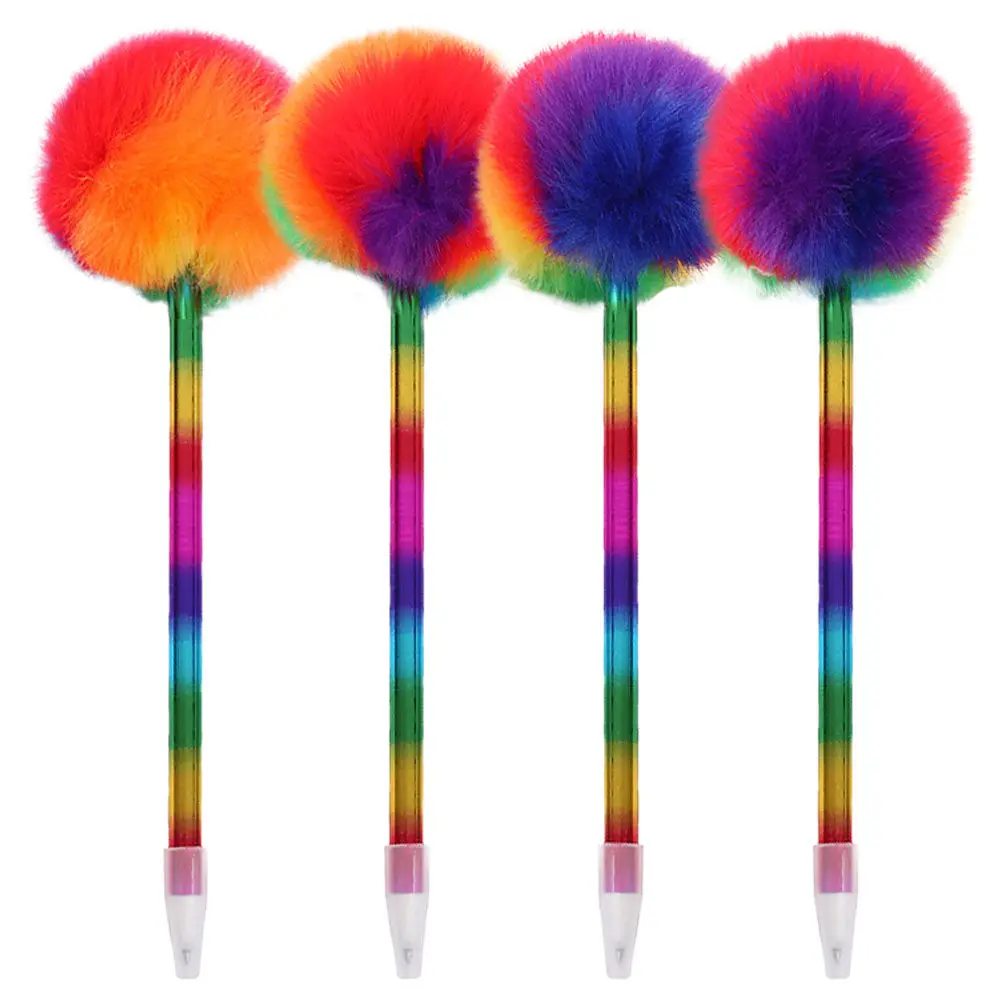 4Pcs Adorable Round Ballpoint Pens with Vibrant Pompoms Tool for Notes Doodling Letters Kawaii Office Supplies Cute