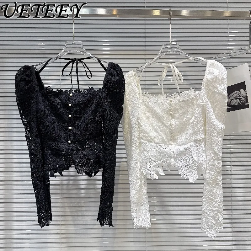 

Spring and Autumn New French Style Socialite Puff Long Sleeve Top Solid Color Short Shirt Pearl Button Tie Hook Lace Blouse