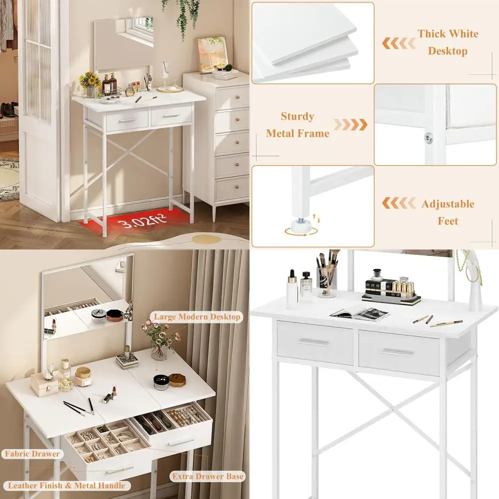 

Compact White Makeup Vanity with Mirror & Storage Drawers for Bedroom, Modern Space-Saving Desk for Girls