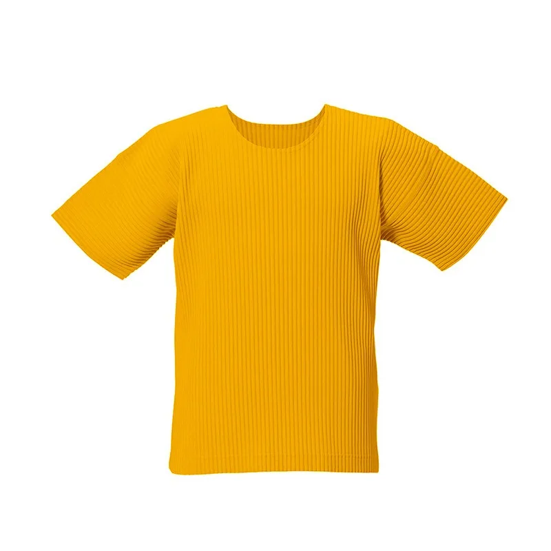 Miyake Pleated Men's T-Shirt Summer New Simple Casual Fashion Versatile Solid Color Round Neck Pullover Loose Non-Iron Top