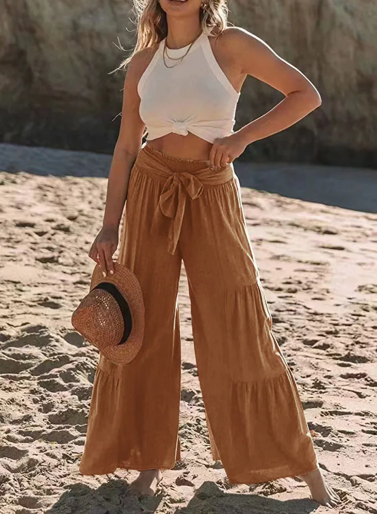 

Women's Pants 2023 Summer Fashion Tied Detail High Waist Pleated Casual Solid Color Wide Leg Loose Long Pants Streetwear