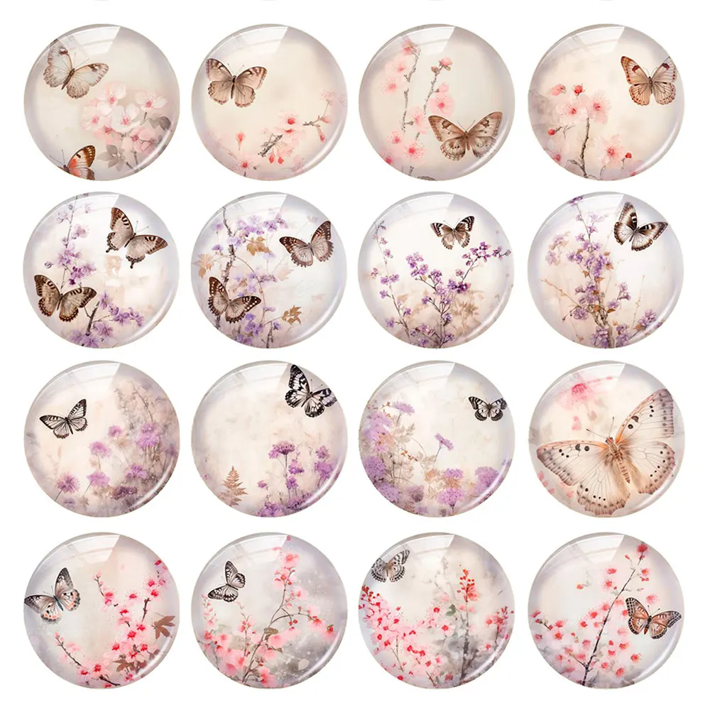 Random Mixed Round/Oval/Square Flower Plants Butterflies Photo Glass Cabochon Flatback Demo Cameo For Diy Jewelry Making