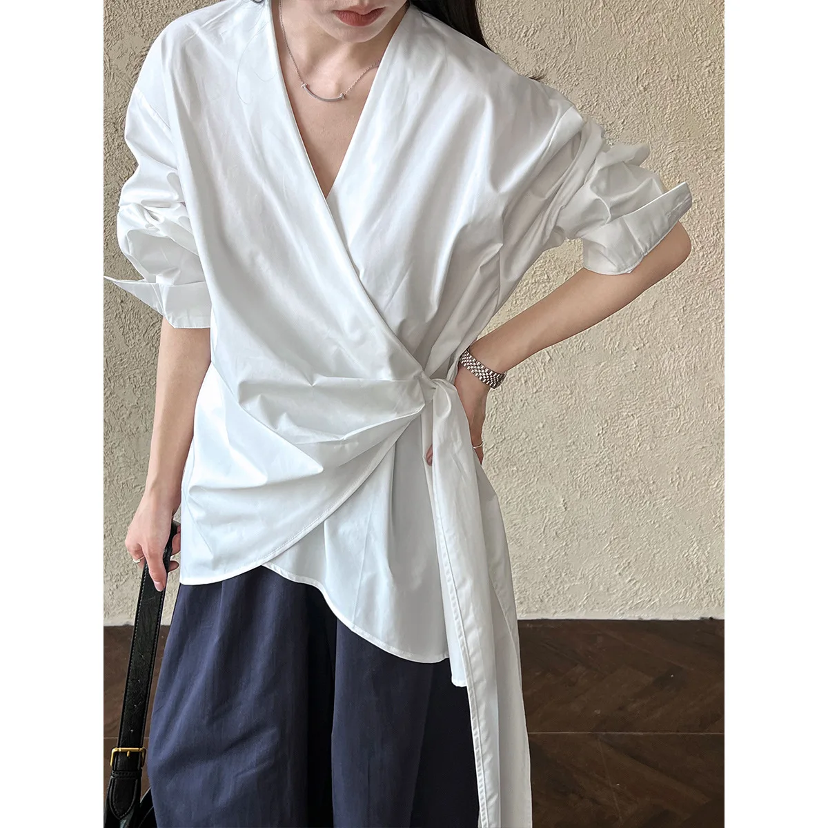 

Autumn Korean Irregular Waist Strap Shirt Women's Casual Niche Design One-piece Top