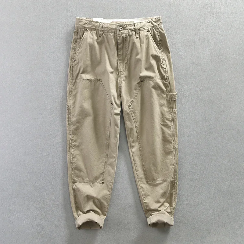 Japanese cargo style men's casual pants may Khaki all-in-one trousers retro loose pure cotton straight youth pants