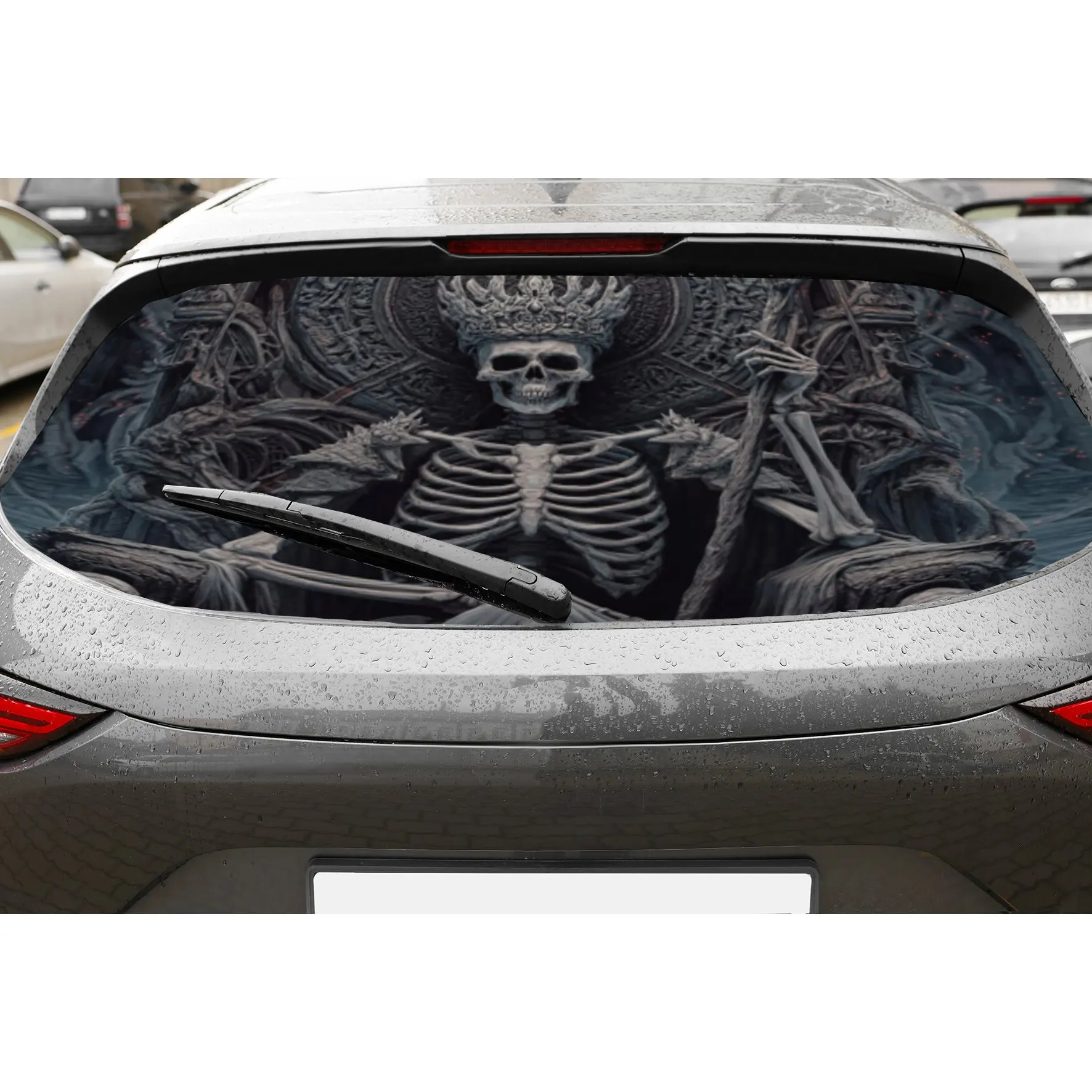 

A skeleton sitting on a throne PVC material self-adhesive waterproof car rear window sticker, easy to paste without falling off,