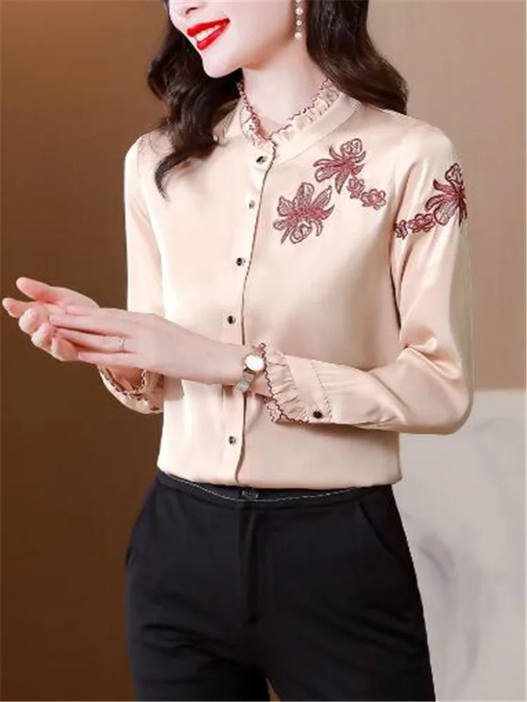 Ruffle Edge Blouses Silk Shirt For Women Long Sleeve Woman Clothes Shirt Embroidery Shirt Sation Female Blouses Button Up Top