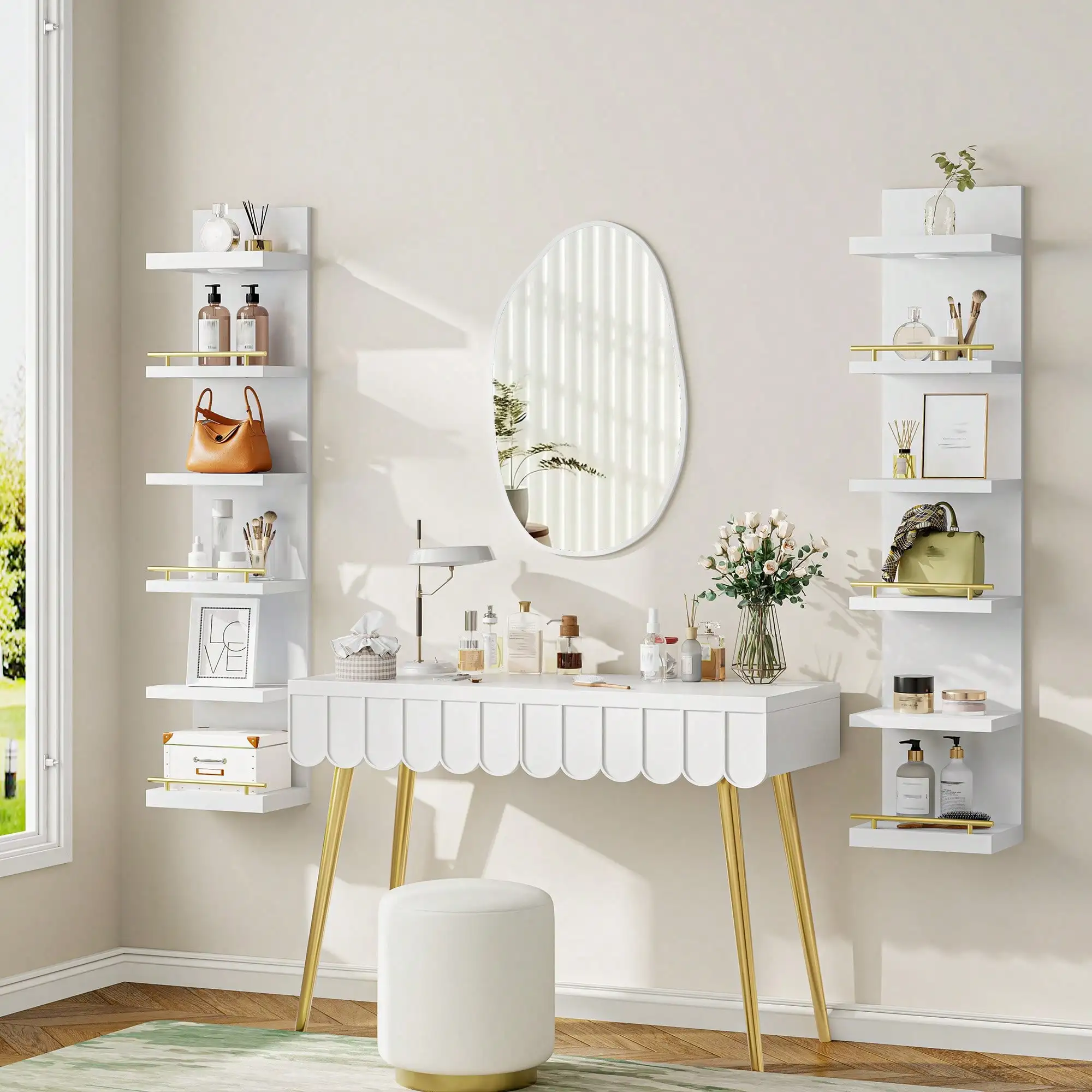 EnHomee 6 Tier White LED Wall Mounted Shelf, White Floating Display Shelf With Remote Control Light, Multi-Layer Storage Organizer For Bedroom Living Room Vanity Decor