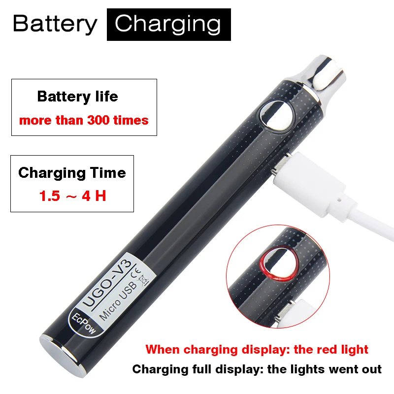 MOQ 1Pcs 100% Quality UGO Cigarettes Batteries UGO-V3 650mAh 900mAh 510 Thread Vape Pen Variable Voltage ego C Twist Vapes Cartr