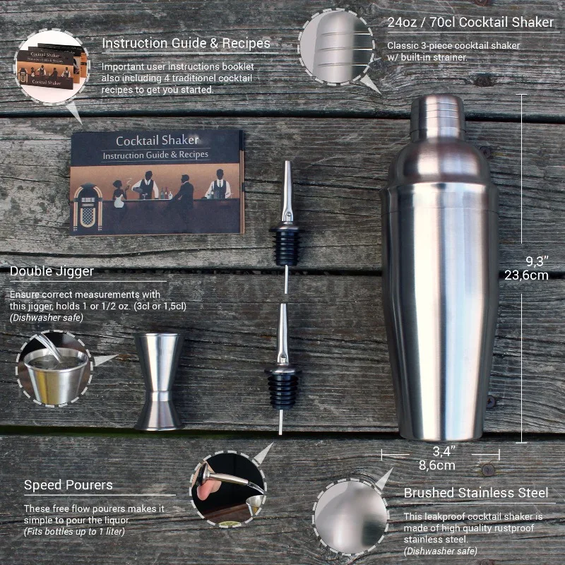5Pcs Minimal Eco Friendly Stainless Steel Cocktail Shaker Bar Kit 24oz Shaker Essential Mixology Tools For  Small Bar T