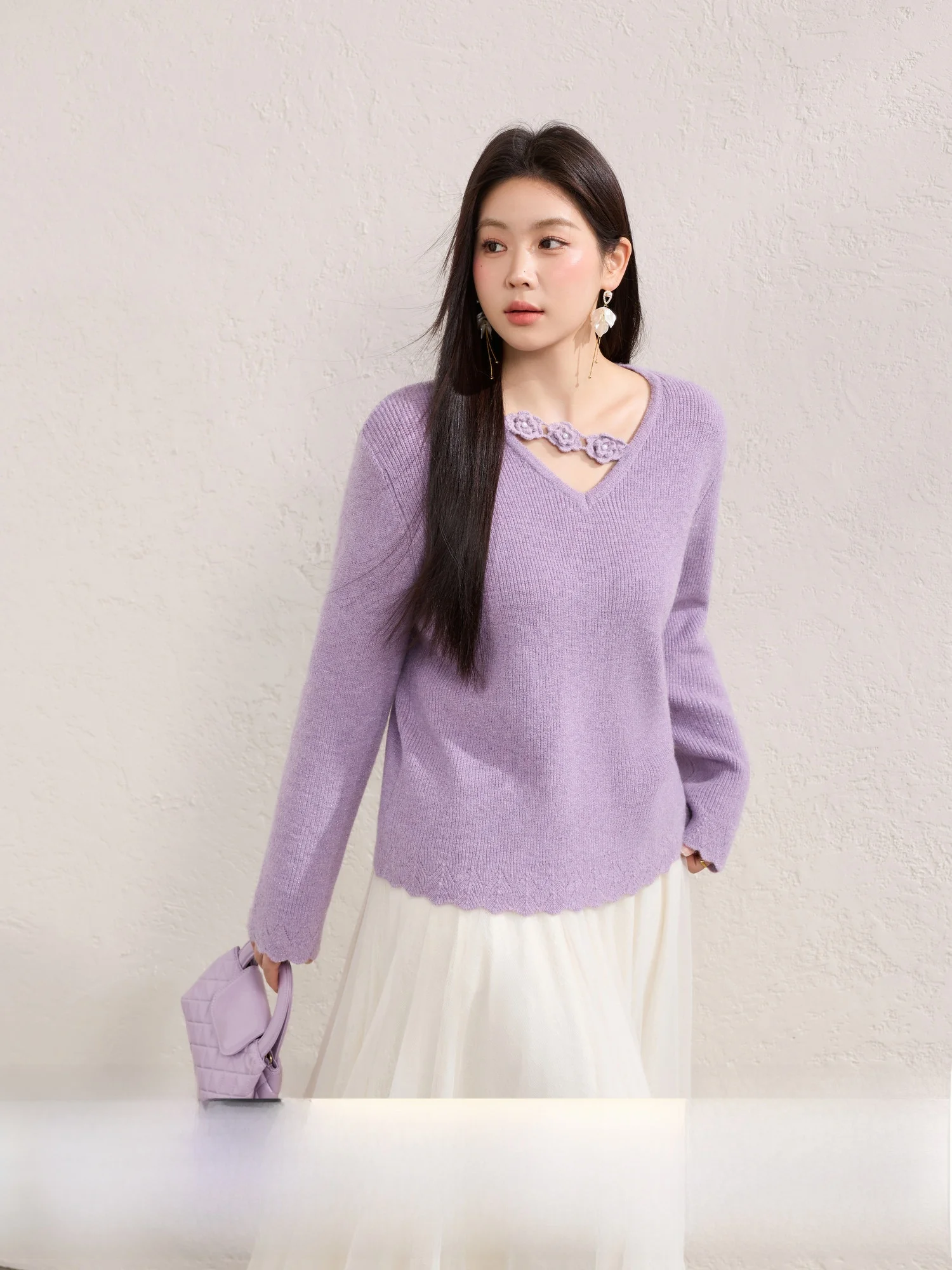 

LanYu plus Size Knitted V-Ne Purple Sweater Women's New Spring Gentle Lady Sle Long Sve Casual Comfortable Top