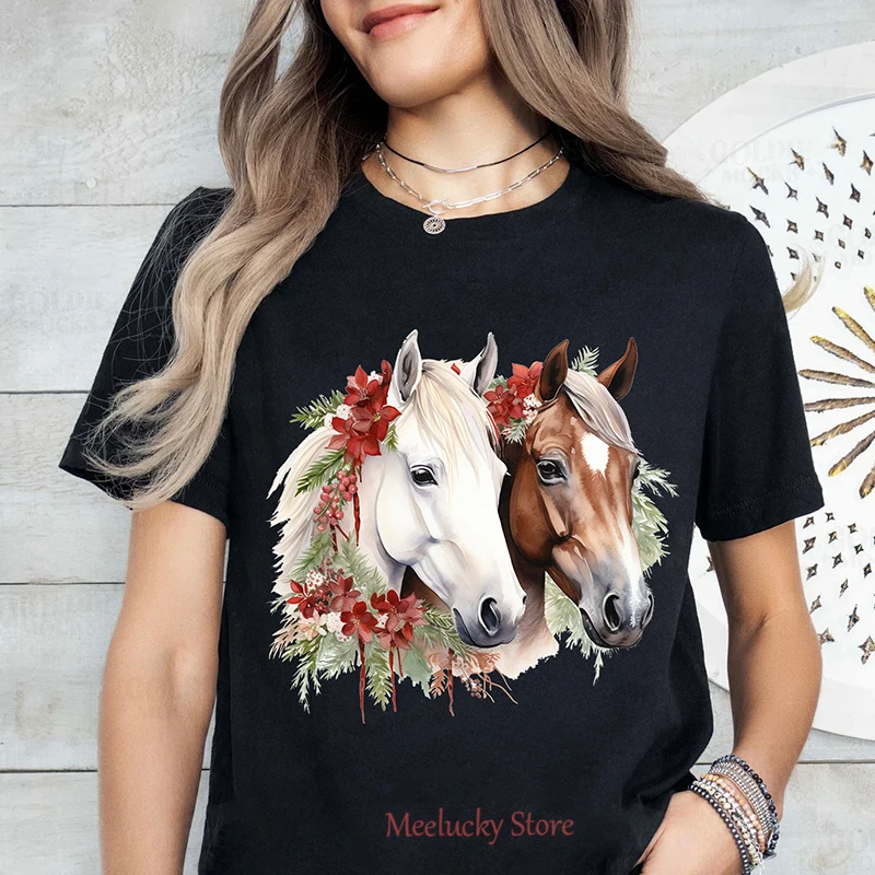 Chinese style painting of two horses with handsome patterns, women's pure cotton top, loose style, women's summer T-shirt