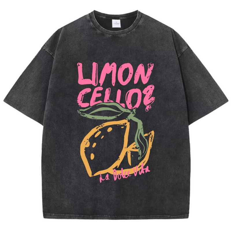 

Lemon Cellos Creative Fruit Prints Washed T-Shirt Women Cotton Tops O-Neck Comfortable Distressed T Shirts Summer Womans Clothes