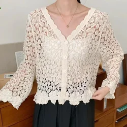 Womens Crochet Top with Long Sleeve Button Front Flower Embroidery White Hollow-out Open-knit Cardigan Summer Beach Wear