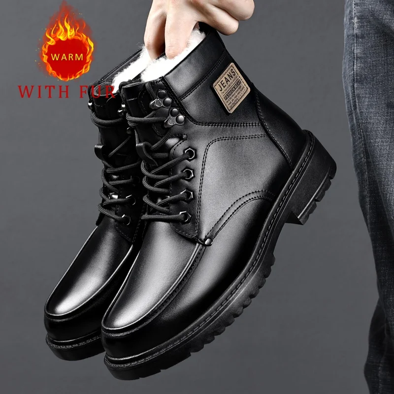 

Men's short boots Winter Classic Quality Warm Style Office or business work Black thick soled high top leather shoes Hot