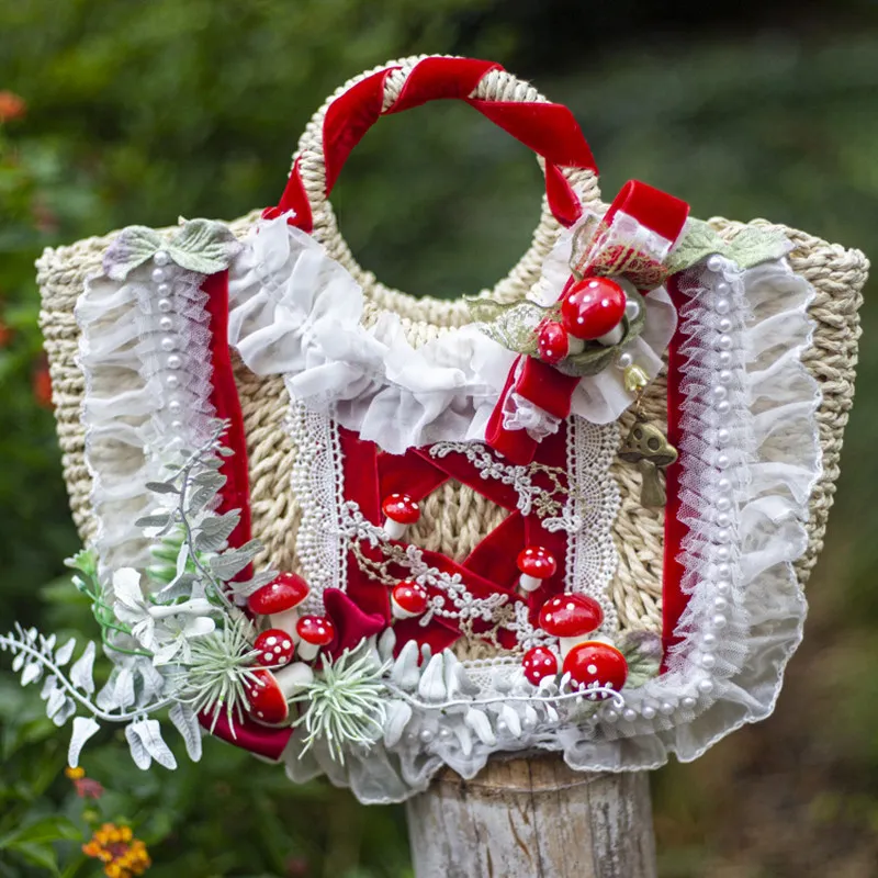 Japanese Original Handmade Lolita Pastoral Mori Mushroom Handbag Sweet Cute Lo Bag Straw Bags for Soft Girls Shooting Props