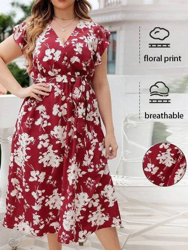 

Summer Flower Print Slimming plus Size Dress High Waist V-Neck Short Sleeve Citywalk Polyester Fiber Princess Gown