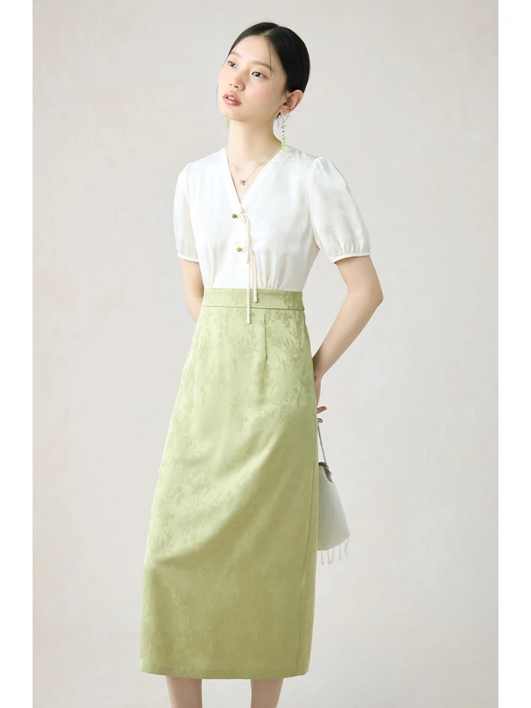 ZIQIAO Women Long Dress Patchwork Design Female Shirt A-LINE Dresses 2024 Summer Short Sleeve Commuter Dress 24ZQ92338