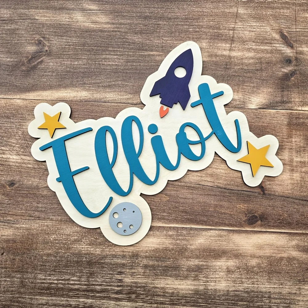 A personalized space themed room doorplate - custom name with green letters and blue rocket, decoration for male and female bedr