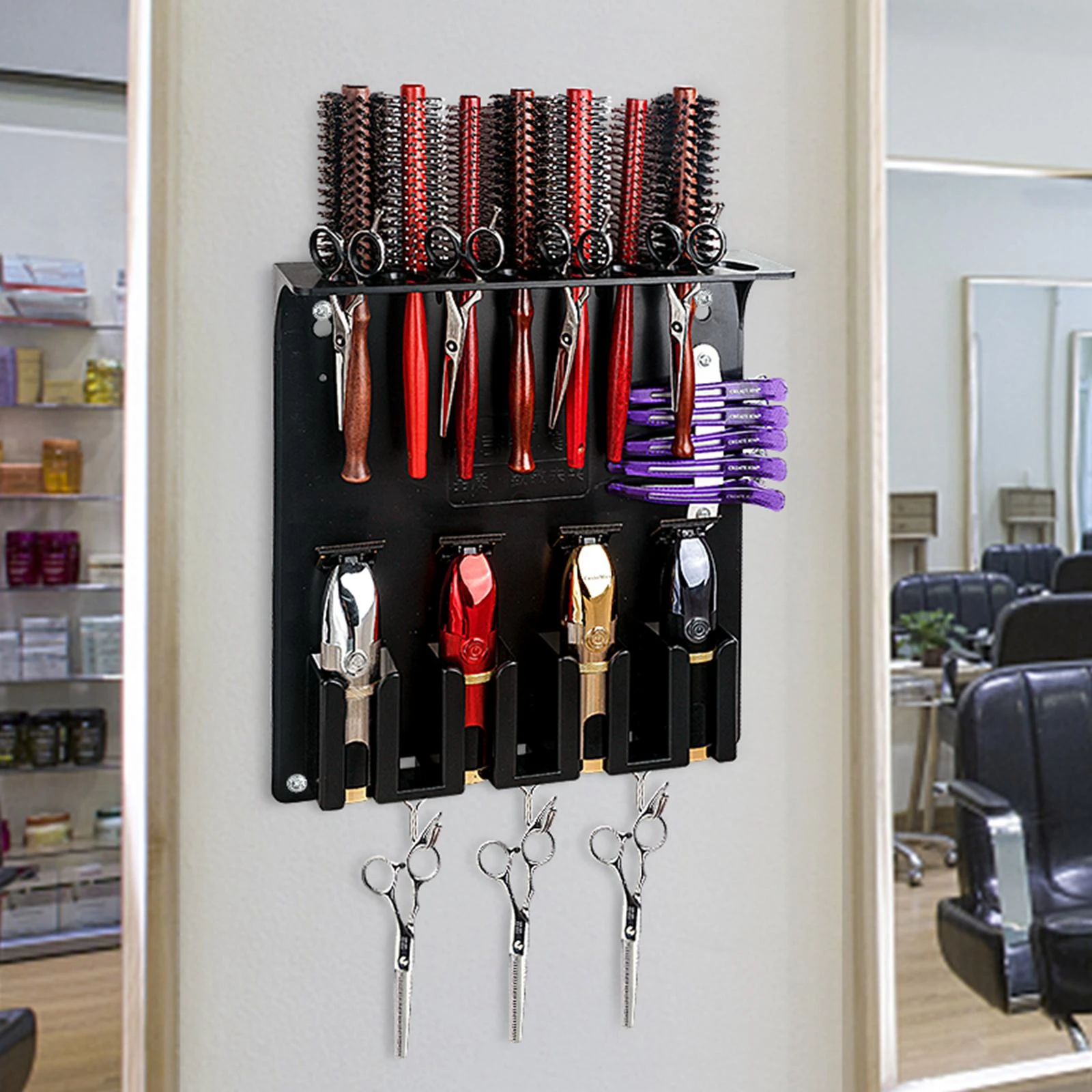 Pet Shop Barber Salon Accessories Wall-Mounted Barberia Tools Holder Hair Clipper Organizer Hair Cutting Scissors Storage Rack