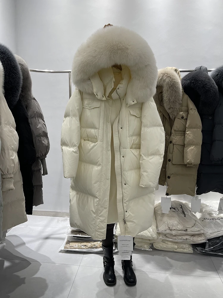 

Fox fur collar down jacket women's autumn and winter 2025 new long white duck down fashion Korean version hooded jacket
