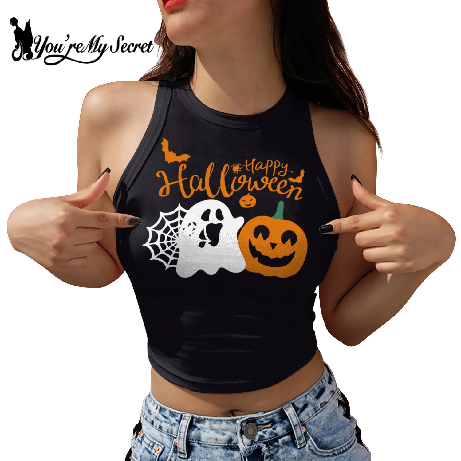 

[You're My Secret]Summer Y2K Sleeveless Elastic Tank Tops For Women Halloween Skeleton Pumpkin Print Graphic Crop Top Streetwear