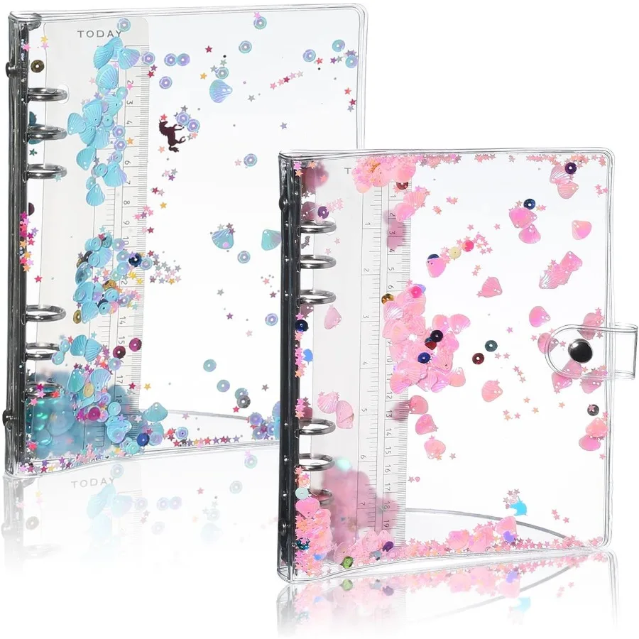 

2 Pieces A5 Refillable Binder Covers PVC Round Ring Planner Protector with Glitter Confetti Sequins Sp Button Closure Loose Lea