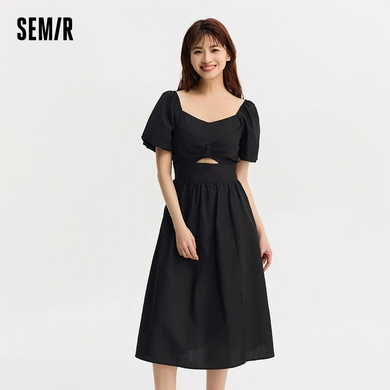 

Semir Women Dress Solid Color Puff SleeveElegant And Slimming Sweet Summer French-Style Waist-Collecting Little Black Dresses