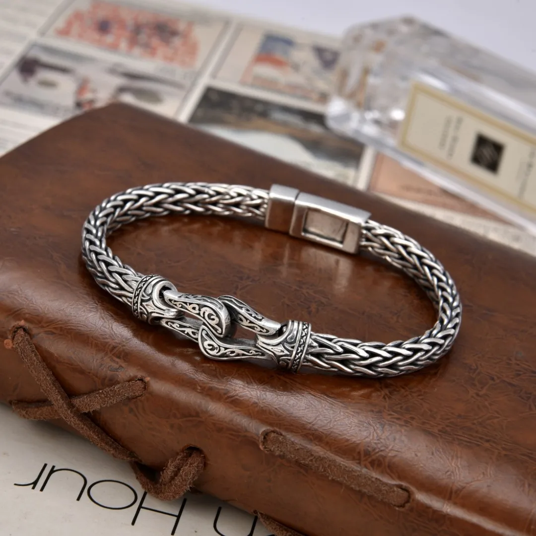 

S925 sterling silver tangcao hand weaving bracelet men vintage fashion National fashion hipster Silver accessories