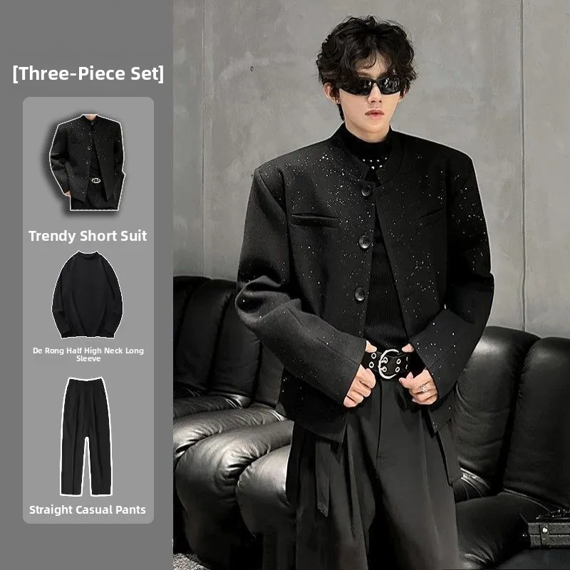 

Мужской костюм-тройка Tianxing: укороченный пиджак с подплечниками, воротником-стойкой, для ночного клуба, из полиэстера, стандартный крой, осенний