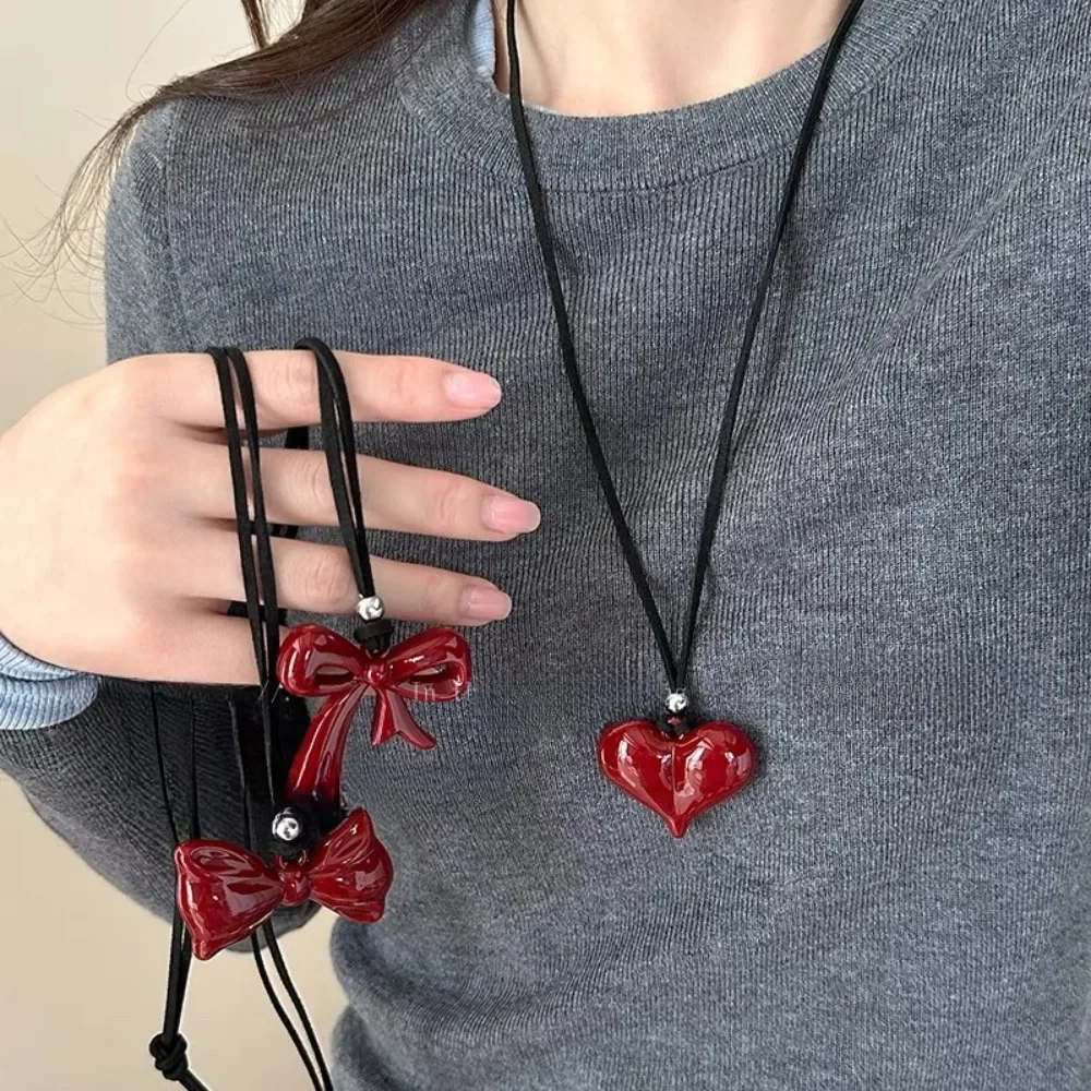 2025 New Ankola Red Bow Love Necklace Women's Niche Black Leather Rope Sweater Chain Chunky Jewelry Valentine's Day Gift