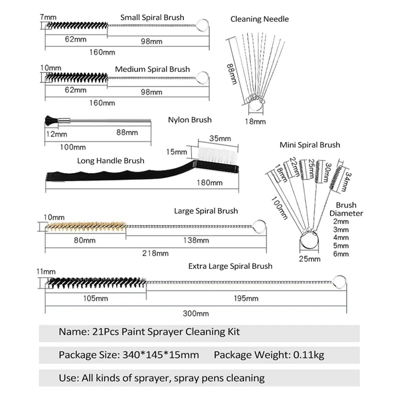 AT19-21Pcs Multi-Purpose Paint Sprayer Cleaning Kit Nylon Brushes Mini Brushes & Needles Metal Tube Cleaning Brush