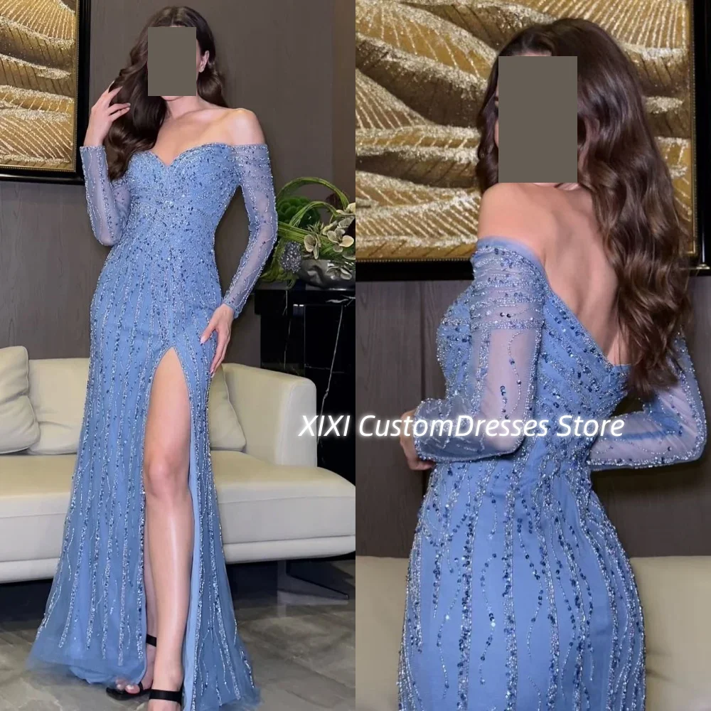 Off-The-Shoulder Neckline Dresses For Prom Customized A-Line Elegant Dresses For Women Floor-Length Long Sleeves Dresses