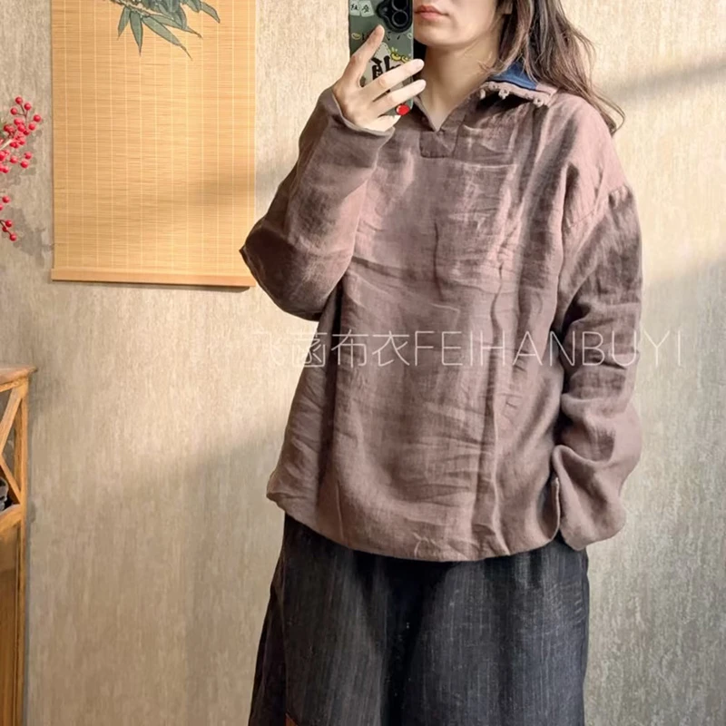 2025 New Arrival Autumn/winter Women Casual Long Sleeve V-neck Tops Tees All-matched High Quality Cotton Linen T-shirt F134