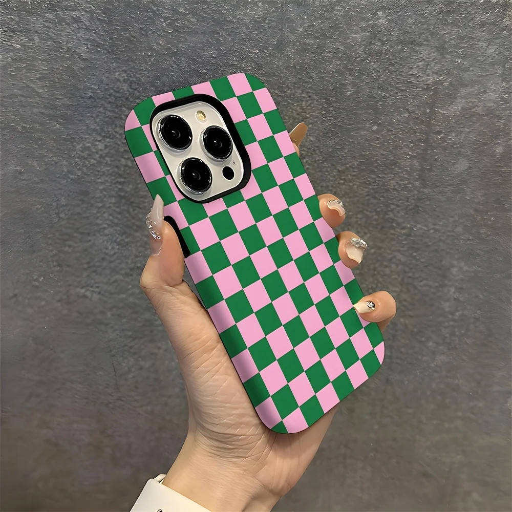 

Green and Pink Plaid Chic Two-In-One Film Case Case IPhone 17,16,15,14,13,12,11,8,7, X, XS, XR, Plus, Max Phone Protective Cover