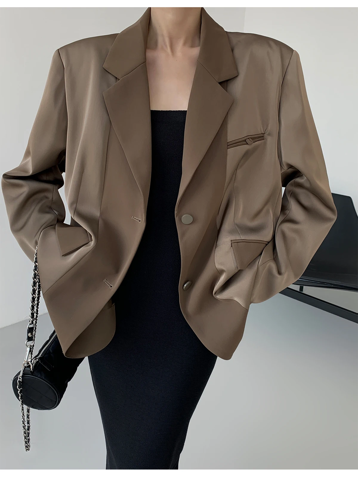 

Oversize Casual White Patchwork Silk Women's Small Suit Jaet Autumn Faion Commute Sle Long Sve Loose Fit Coat