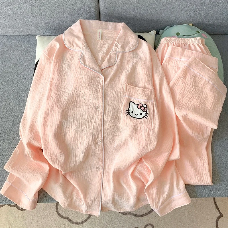 

Розовые кавайные пижамные комплекты для девочек Hellokitty, одежда для сна, милая рубашка с длинными рукавами, брюки, милый женский комплект домашней одежды, мягкая ночная рубашка 2025